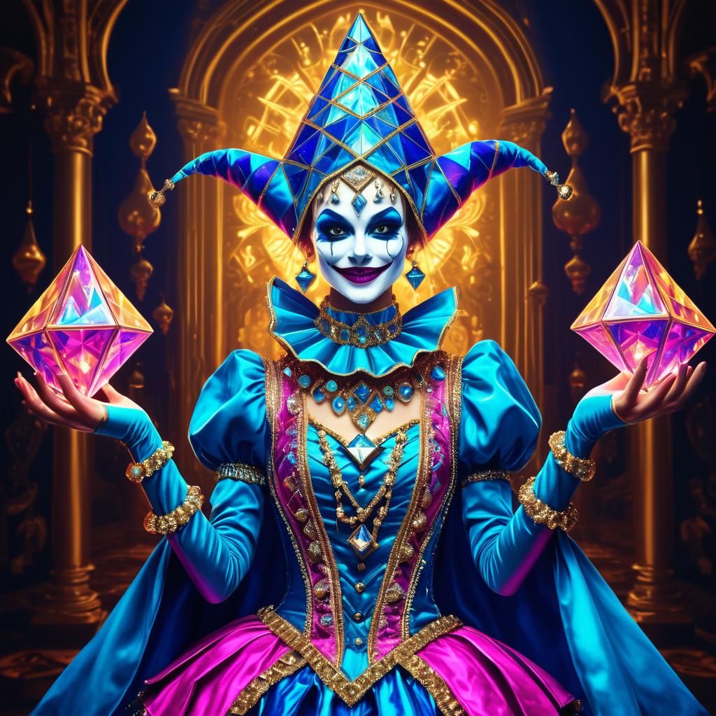 Fancy Jester Girl with Magical Pyramid, Digital Art