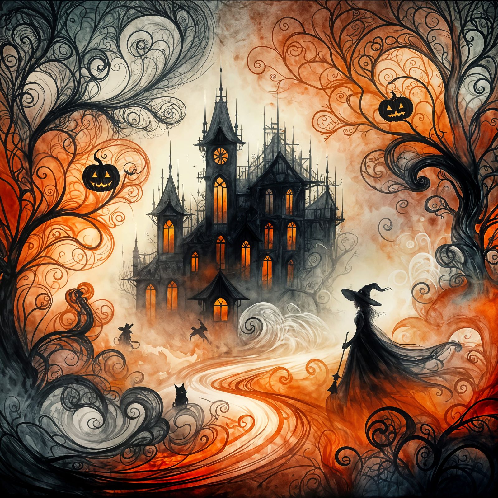 Eerie Halloween Witch at Gothic Mansion