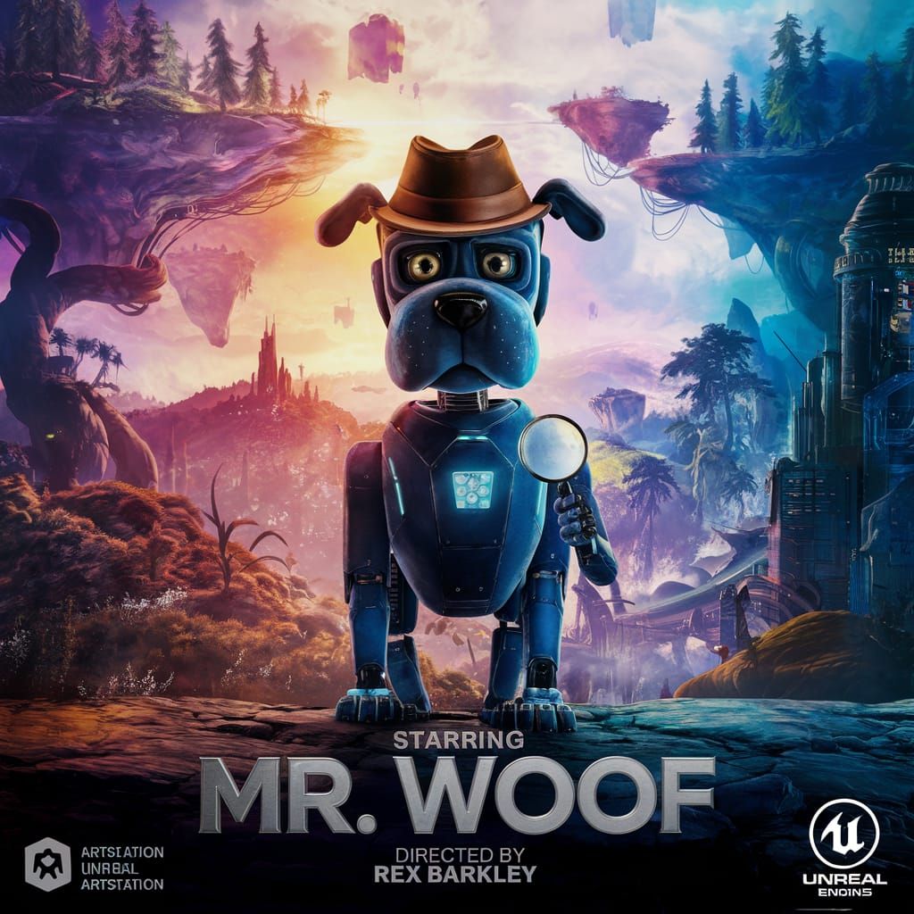 Robotic Dog Detective Movie Poster in Fantasy World