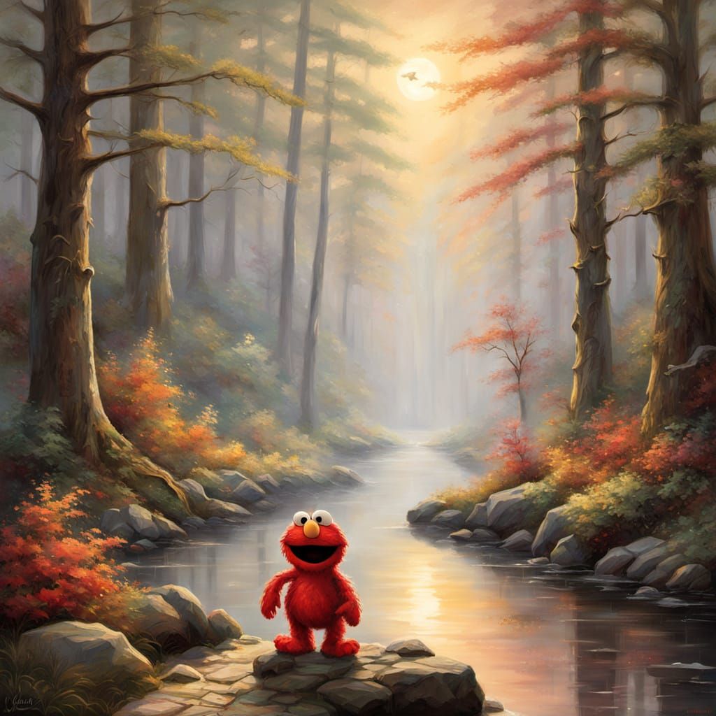 Whimsical Forest Scene with Elmo in a Dreamy Atmosphere