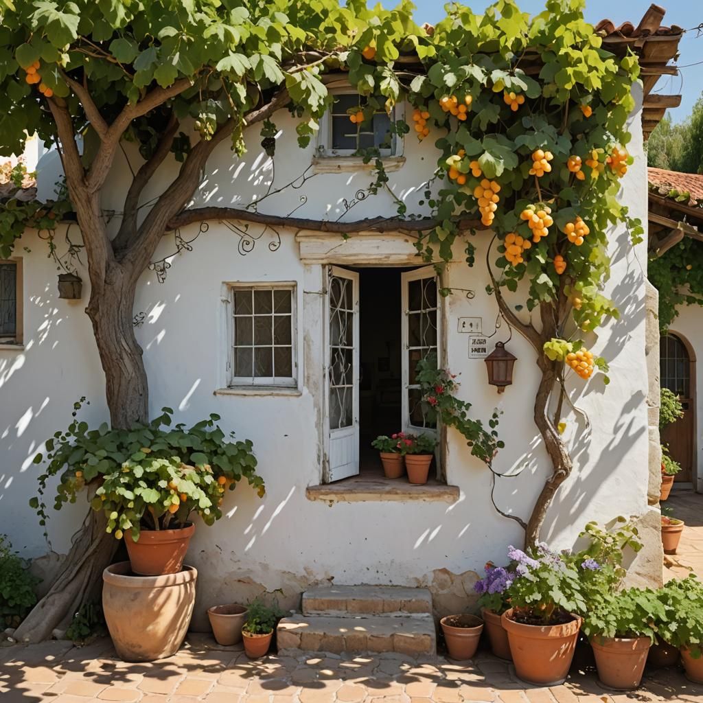 Idyllic White House with Vines in Impressionist Gouache Styl...