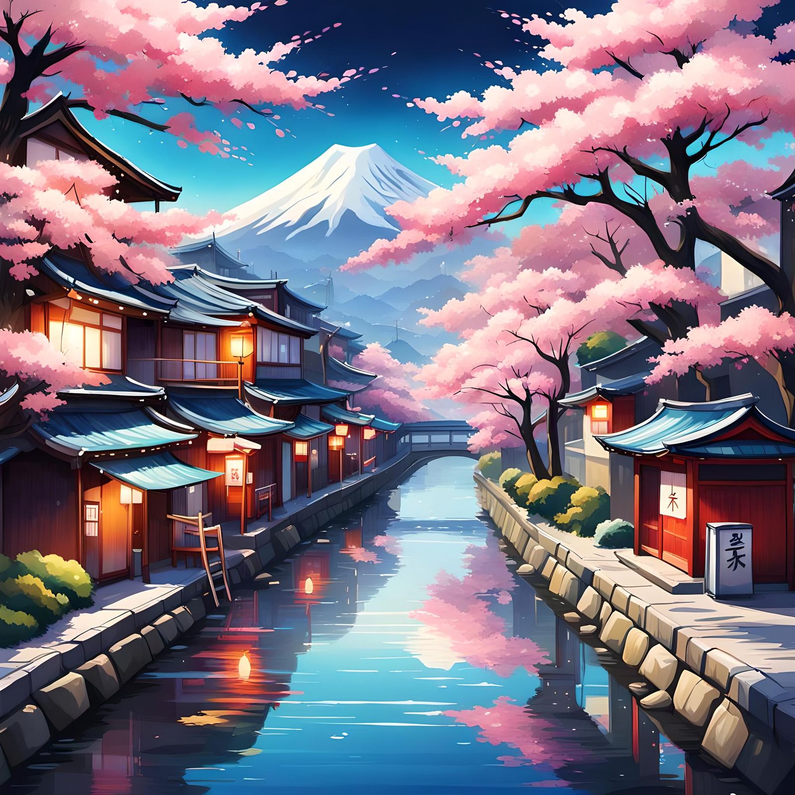 Anime Style Japanese Town with Sakura Trees