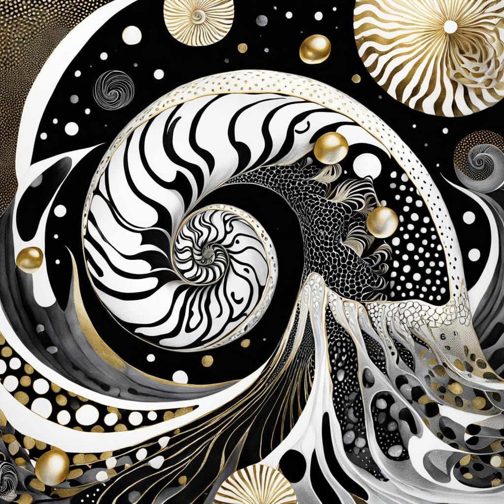 Surreal Nautilus Ink Patterns in Gold Light