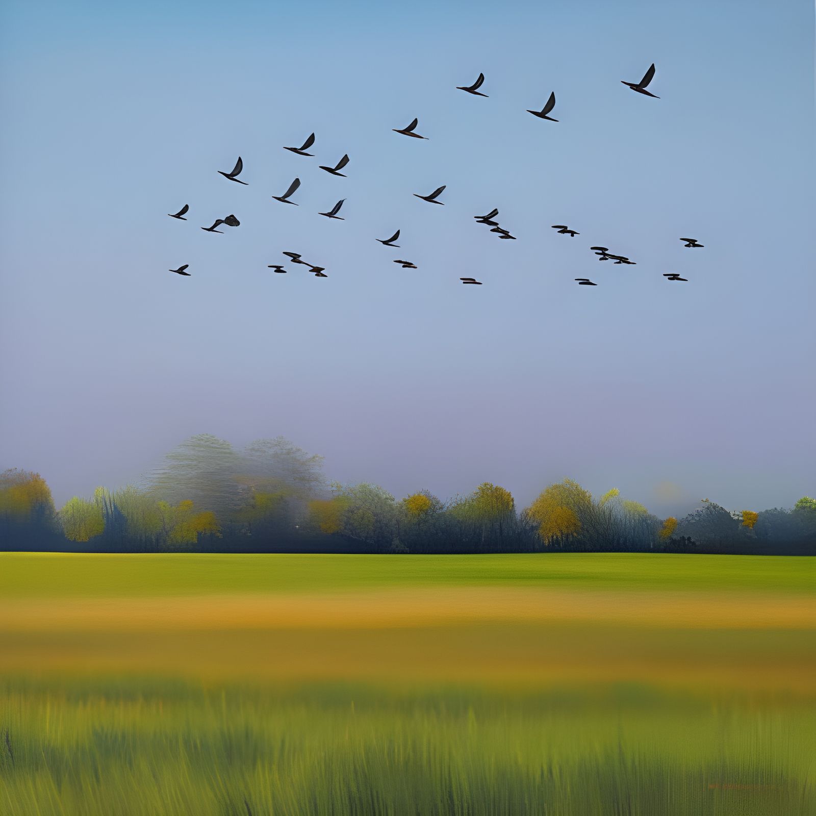 Birds Flying Over Field in Oil Painting Style