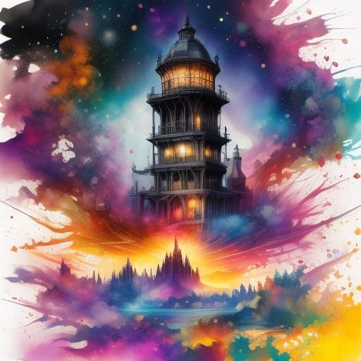 Cosmic Clock Tower in Nebula