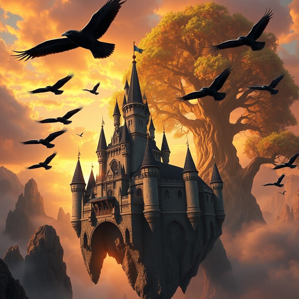 Ethereal Floating Castle at Sunset with Majestic World Tree