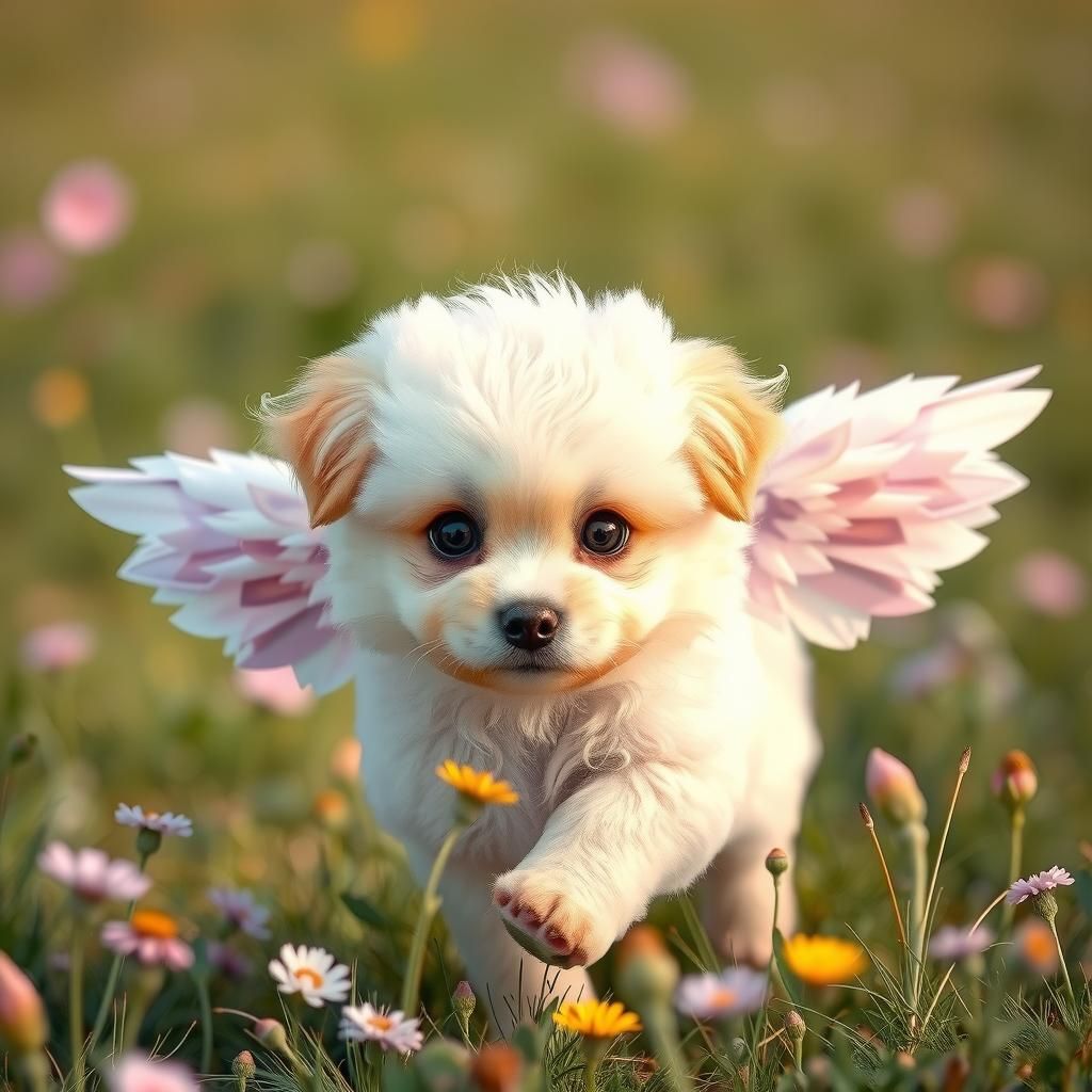 Pastel Puppy with Wings in Meadow