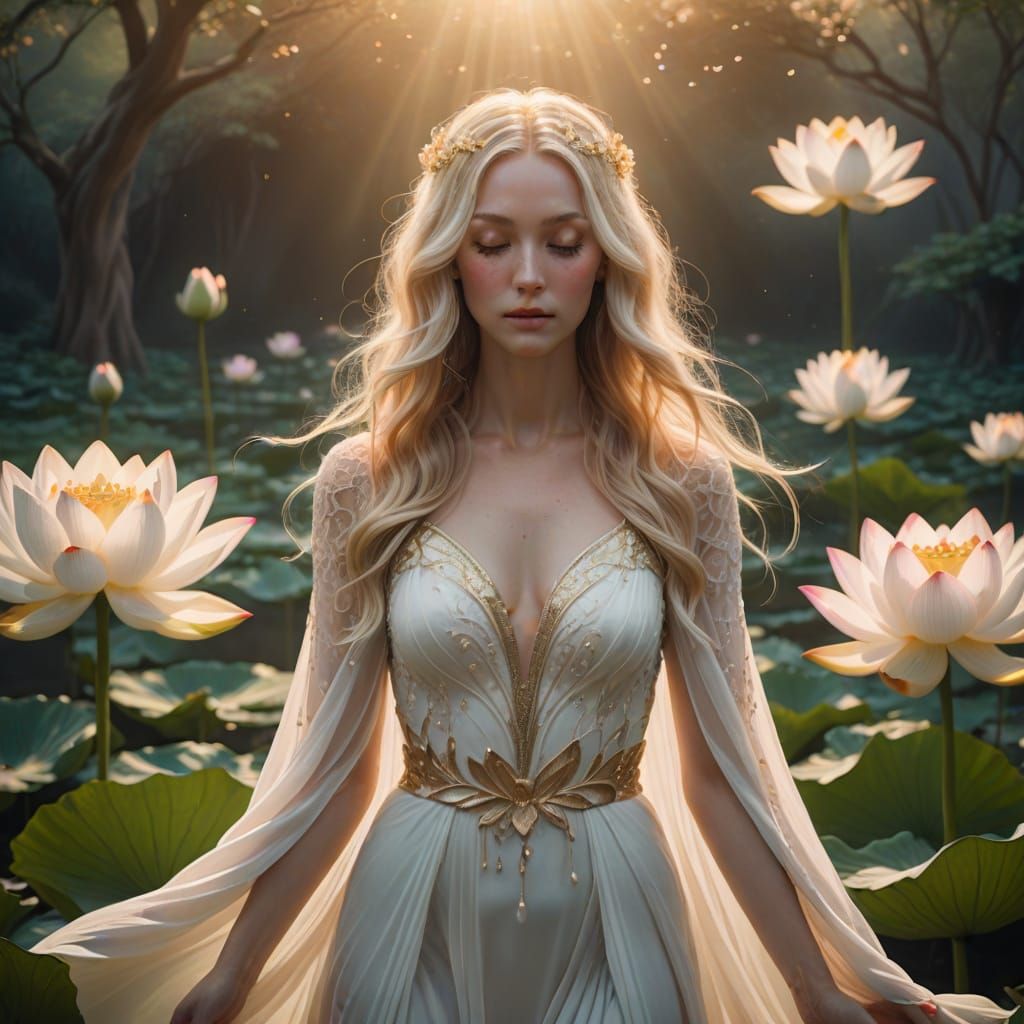 Goddess Emerges from Lotus Flower in Surreal Style