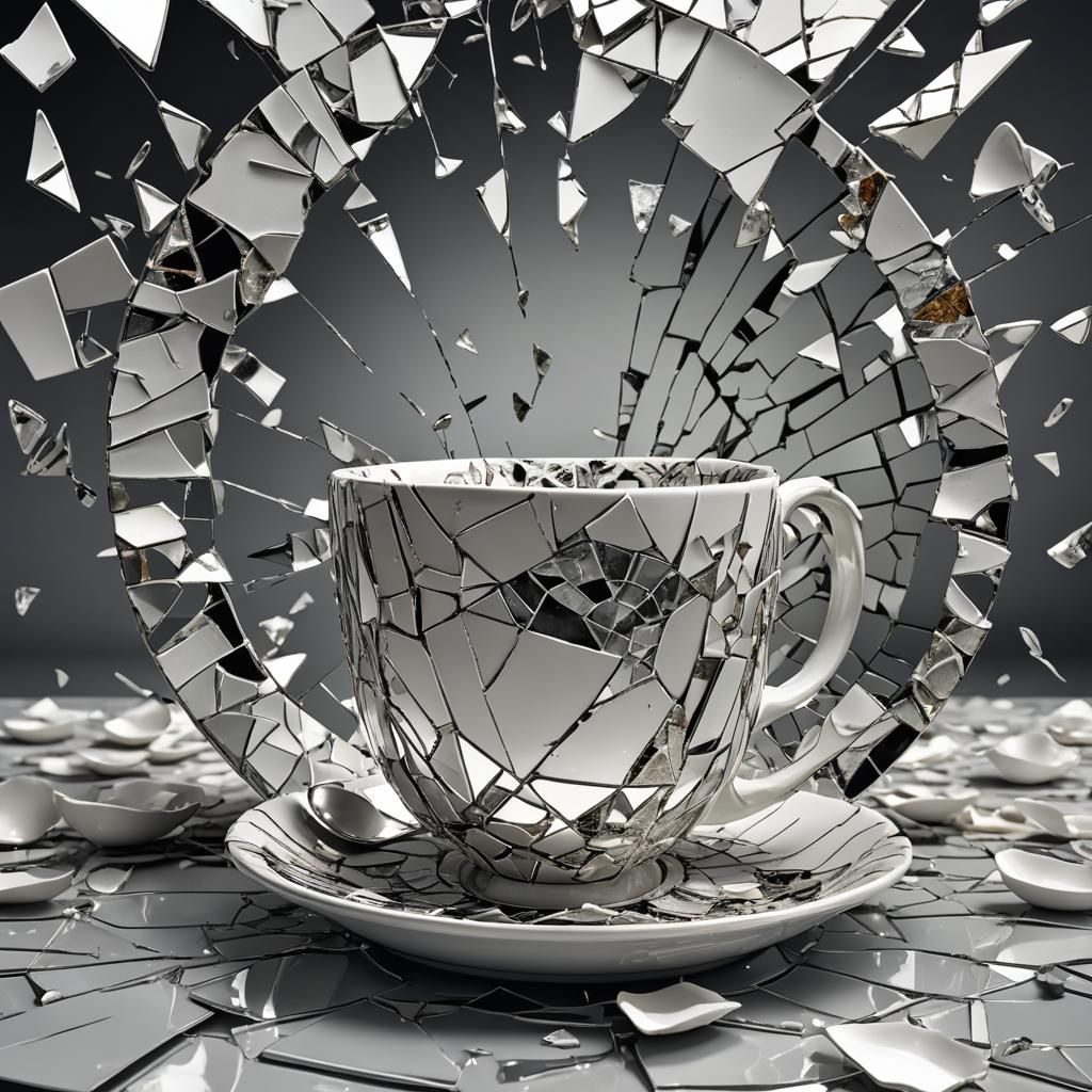 Shattered Teacup and Mirror in Dynamic Motion
