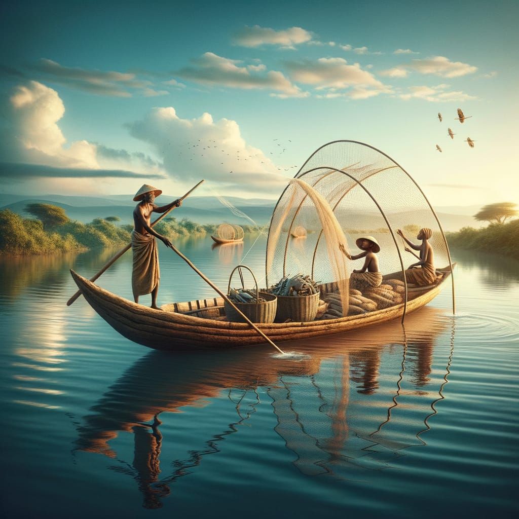 Ancient Bantu Fishermen on Calm River