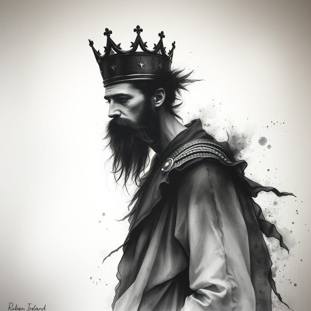 Crowned Vagrant Peasant in Charcoal and Watercolor