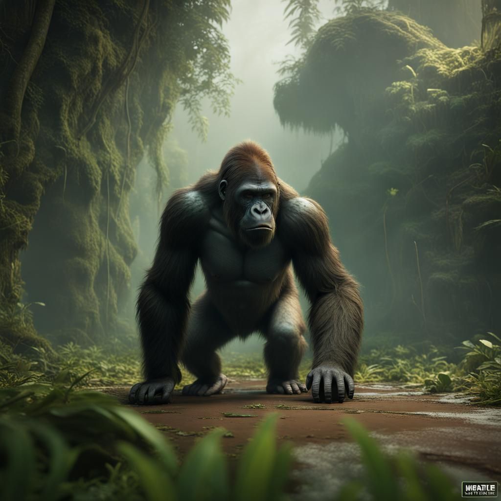 Scarred Gorilla in Misty Forest: Digital Matte Painting