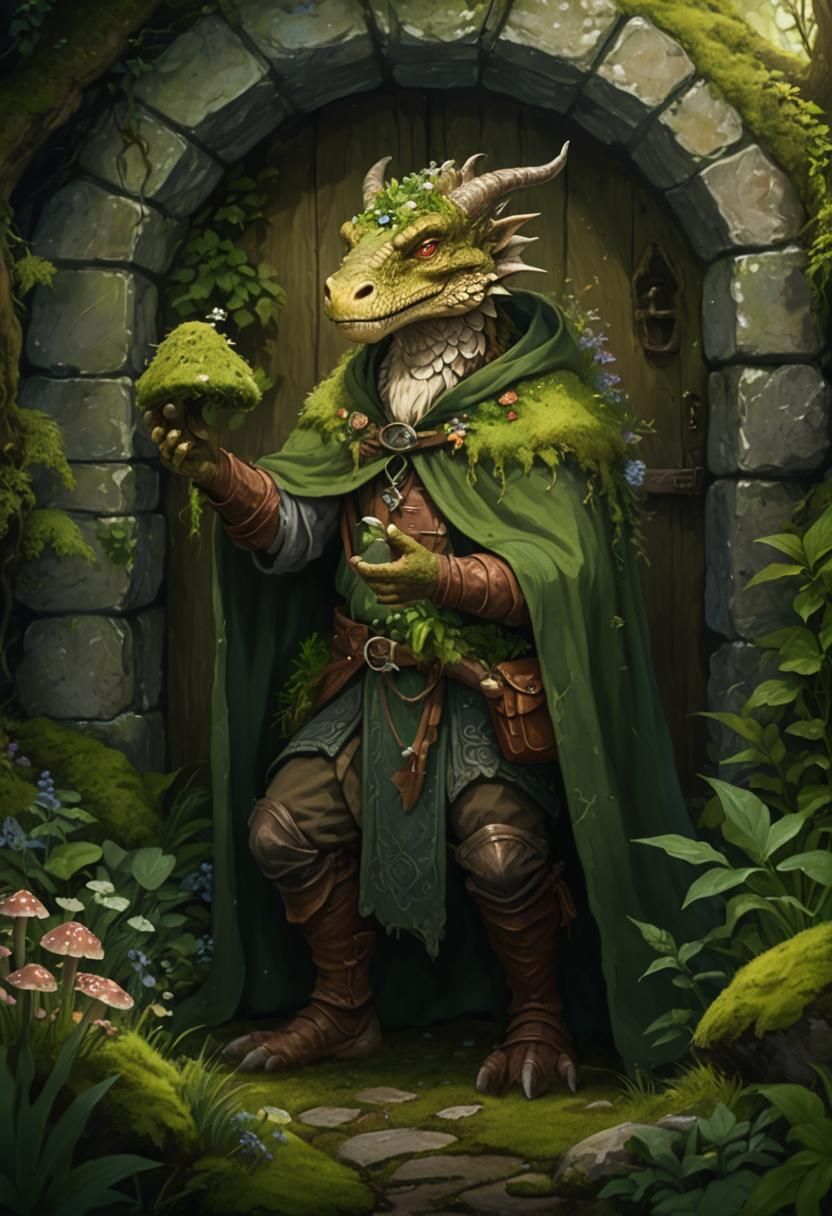 Dragonborn Druid in Whimsical Moss Garden