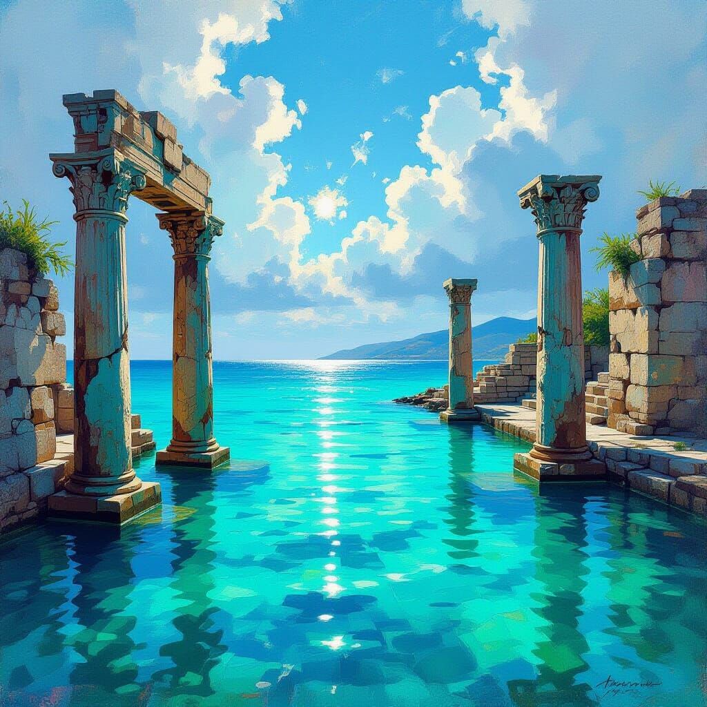 Lost Island Civilization in Impressionist Oil Painting