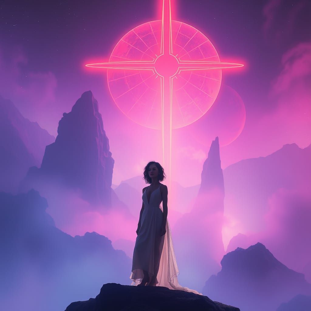 Mystical Woman in Neon Future Landscape