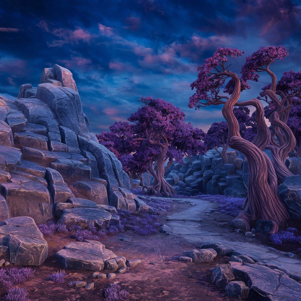Fantasy World in Dark Blue and Violet Hues