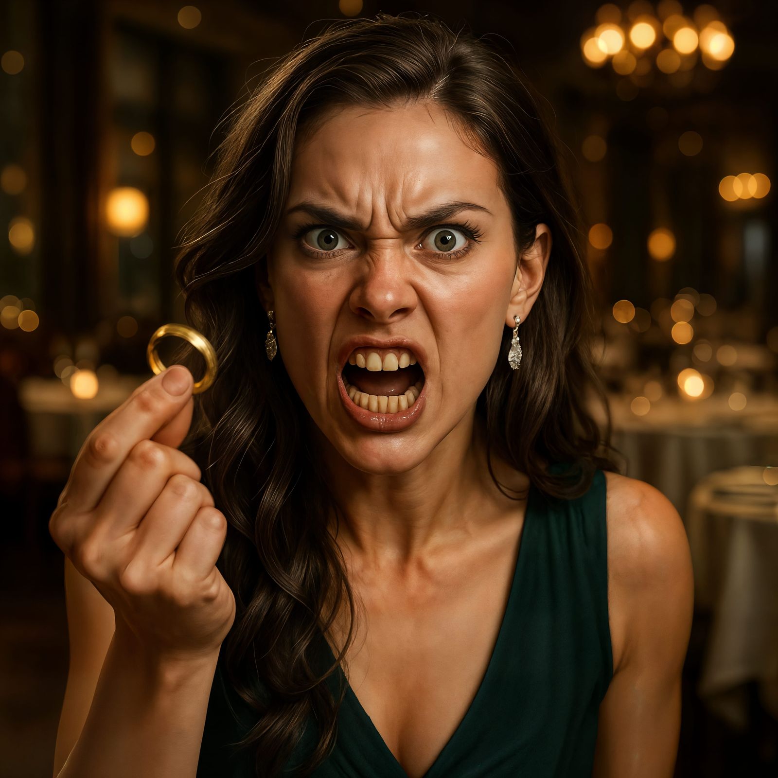 Enraged Woman Holding Wedding Ring in CGI