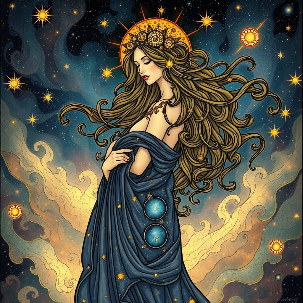 Regal Woman in Celestial Nebula: Art Nouveau Masterpiece