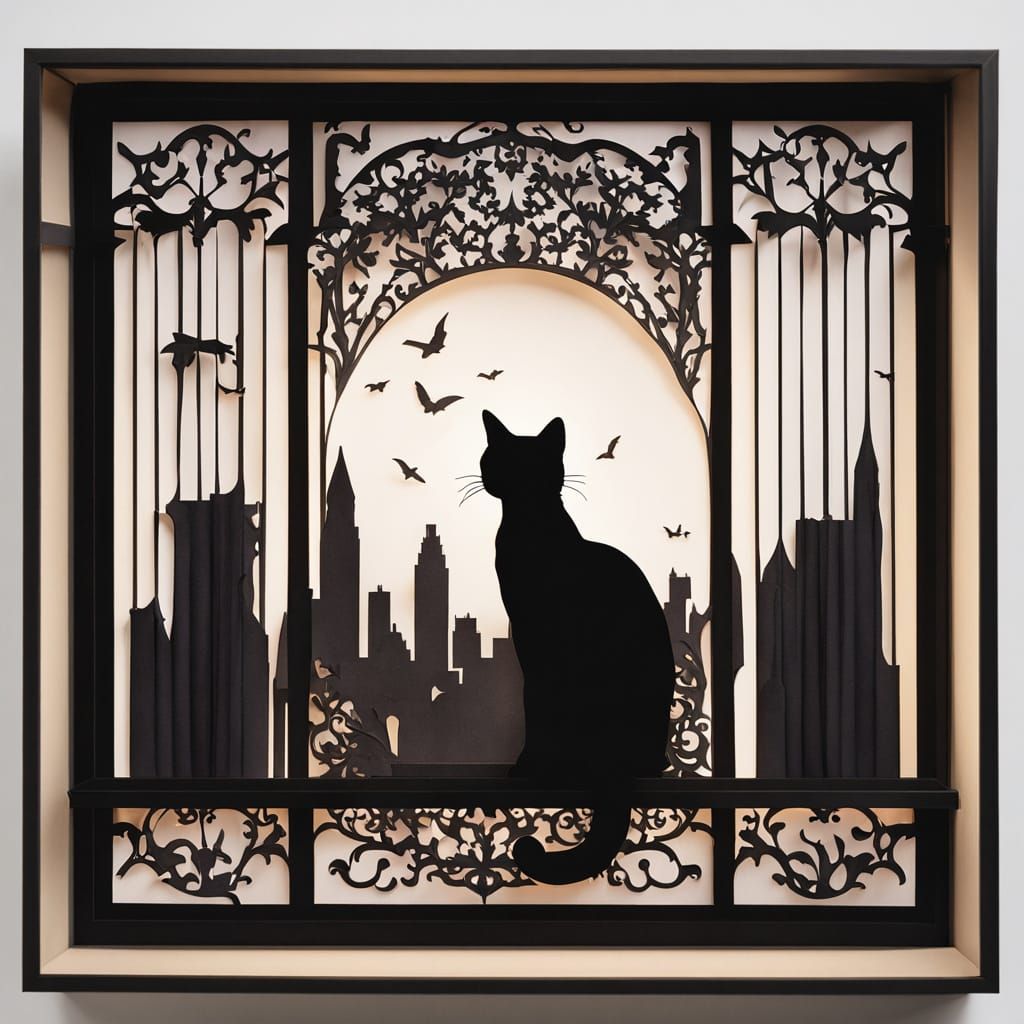 Gothic Cat Silhouette in Layered Paper Diorama