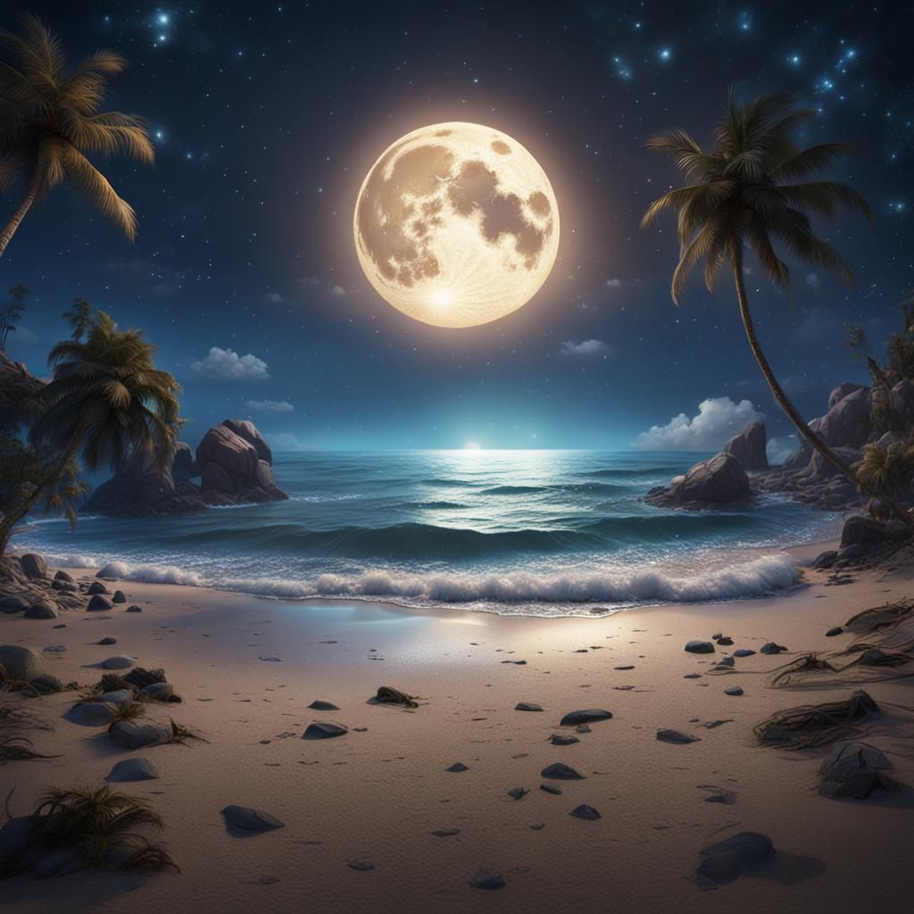 Moonlit Beach: Detailed Matte Painting in Deep Color