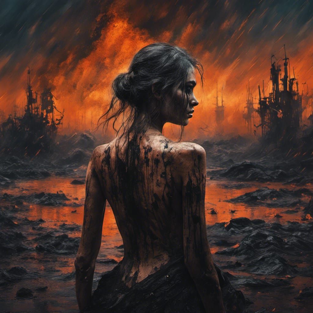 Oily Woman in Apocalyptic Cityscape: Detailed Matte Painting