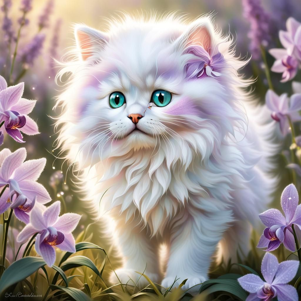 Kitten Smelling Orchid in Impressionist Golden Hour Meadow