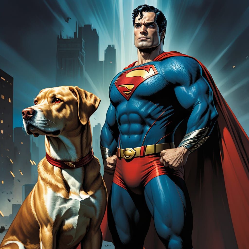 Superman and Super Dog in Comic Book Art Style