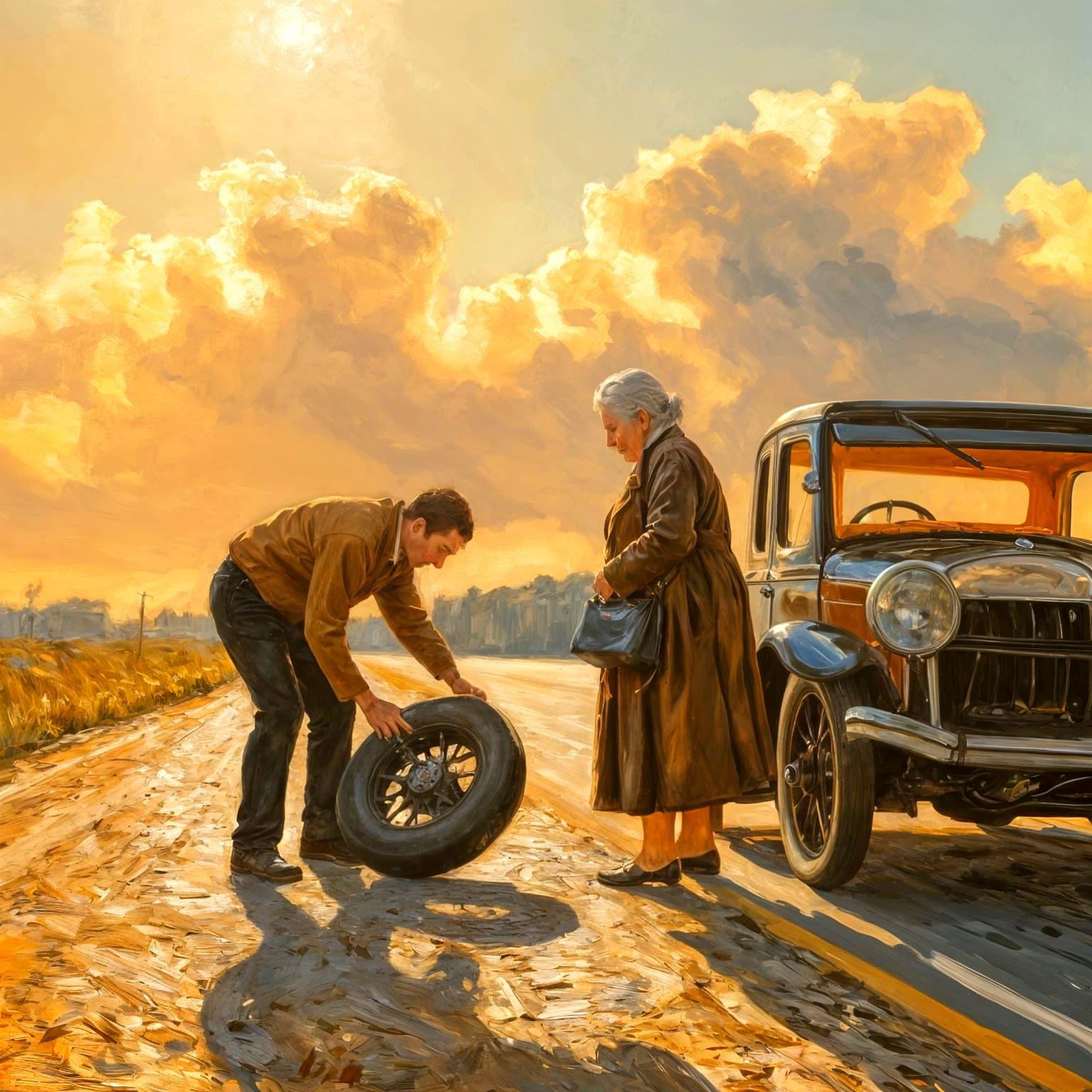 Stranger changing a flat tire...