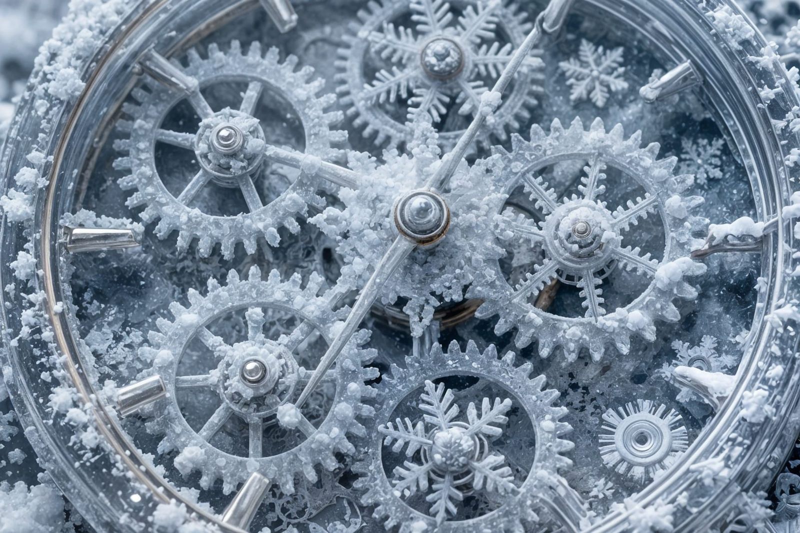 Intricate Snowflake Clock Mechanism in Crystal Ice
