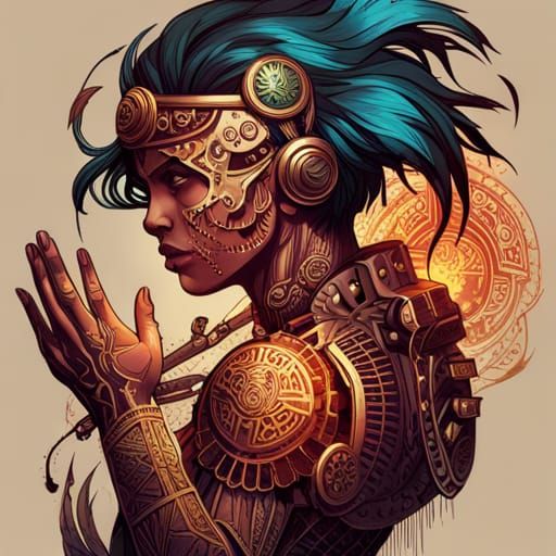 Cybernetic Steampunk Aztec Warrior Digital Painting