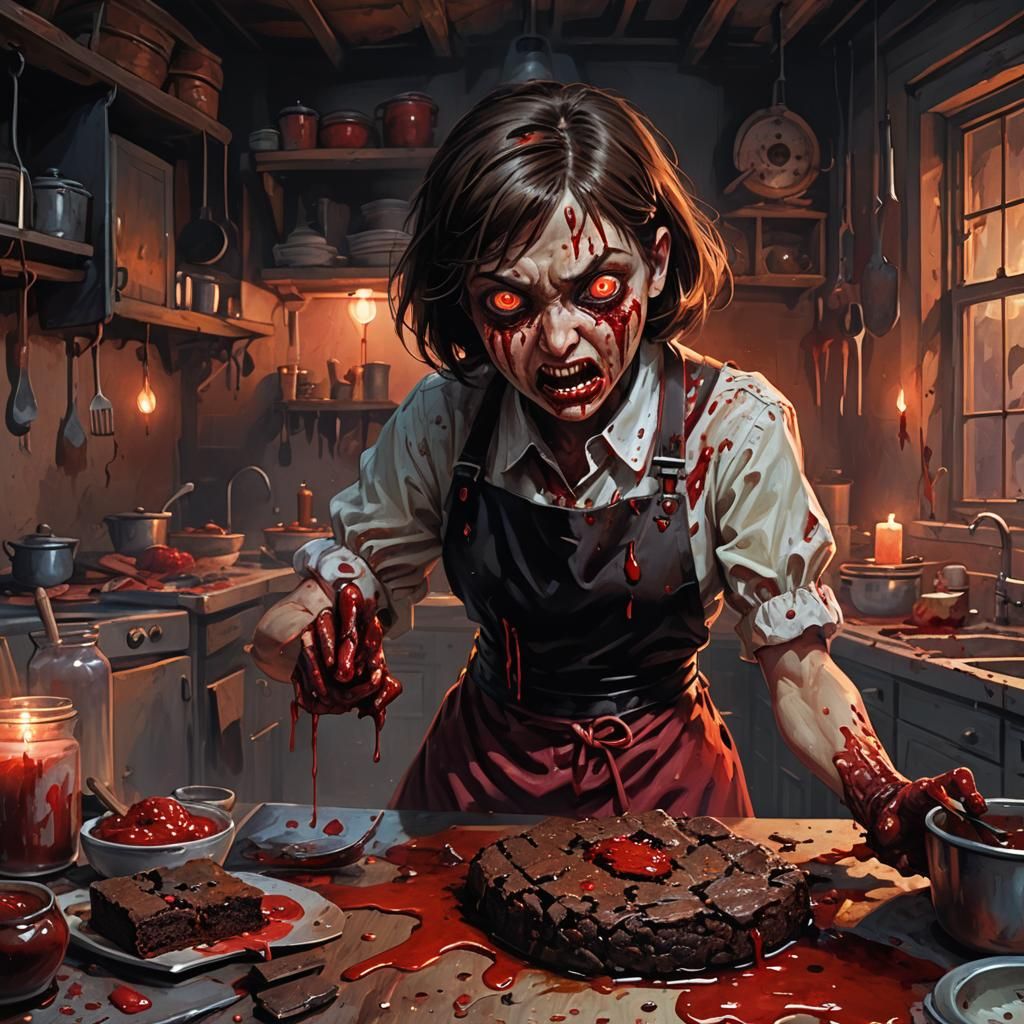 Furious Blood-Soaked Brownie in Dark Fantasy Horror Art