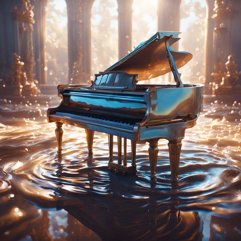 Piano Sculpture Made of Water in Divine Light