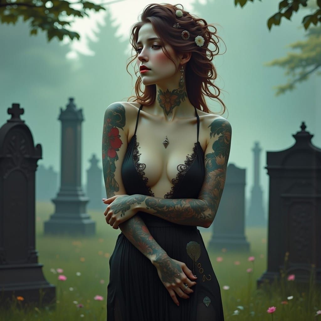 Tattooed Woman in Cemetery, Art Nouveau Digital Art