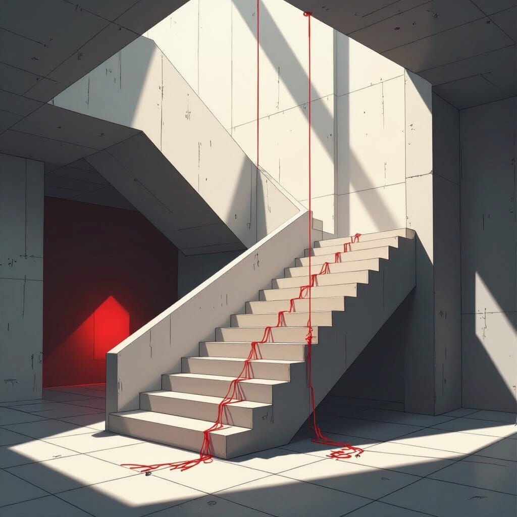 Brutalist Staircase to Nowhere with Red String of Fate