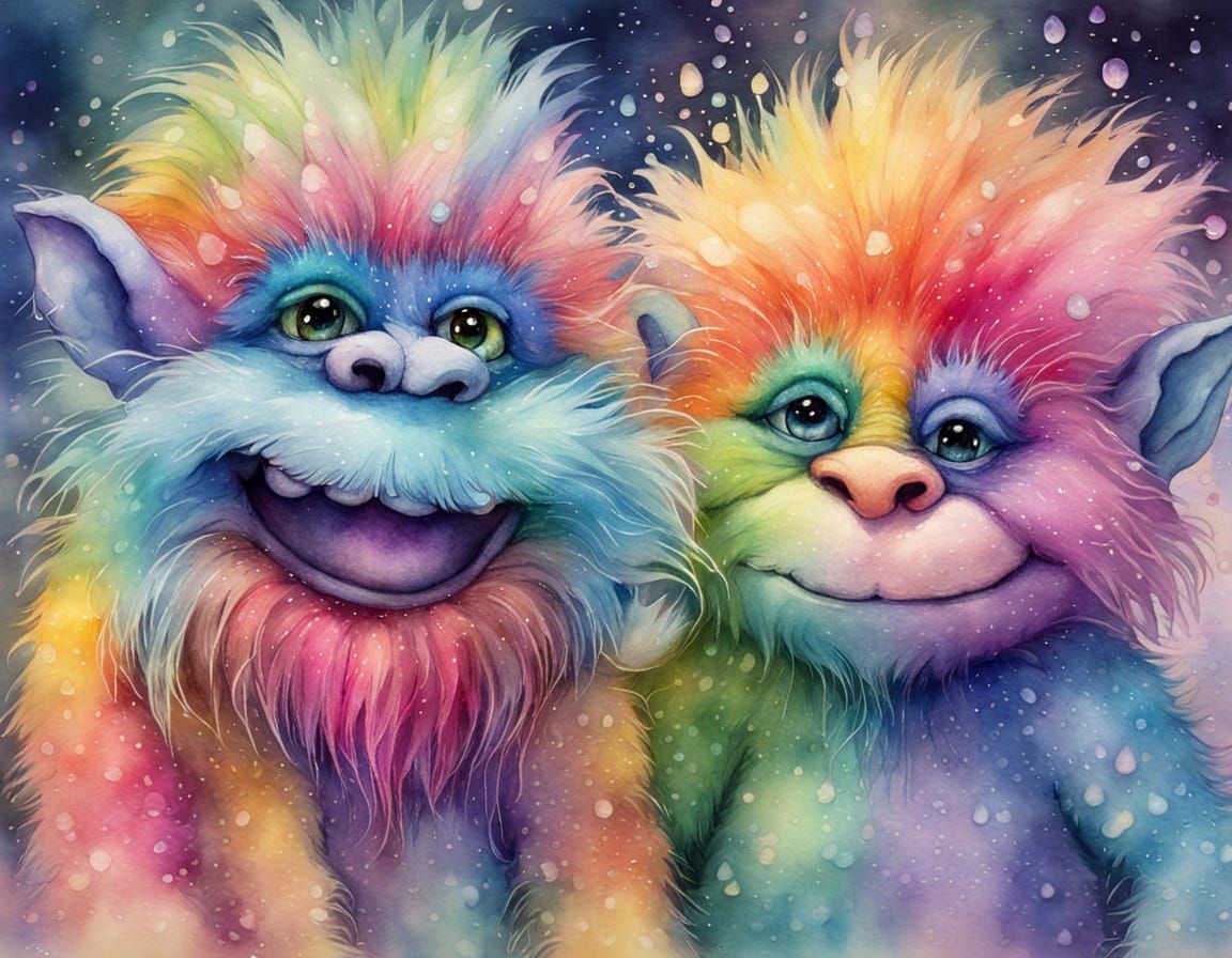 Rainbow Furry Trolls Playing: Watercolour Close-Up