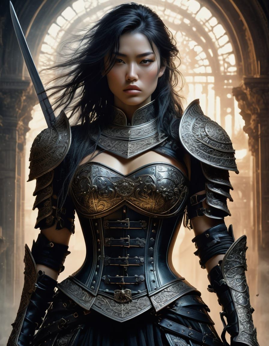 Female Warrior in Armor: Cinematic Impressionism Style