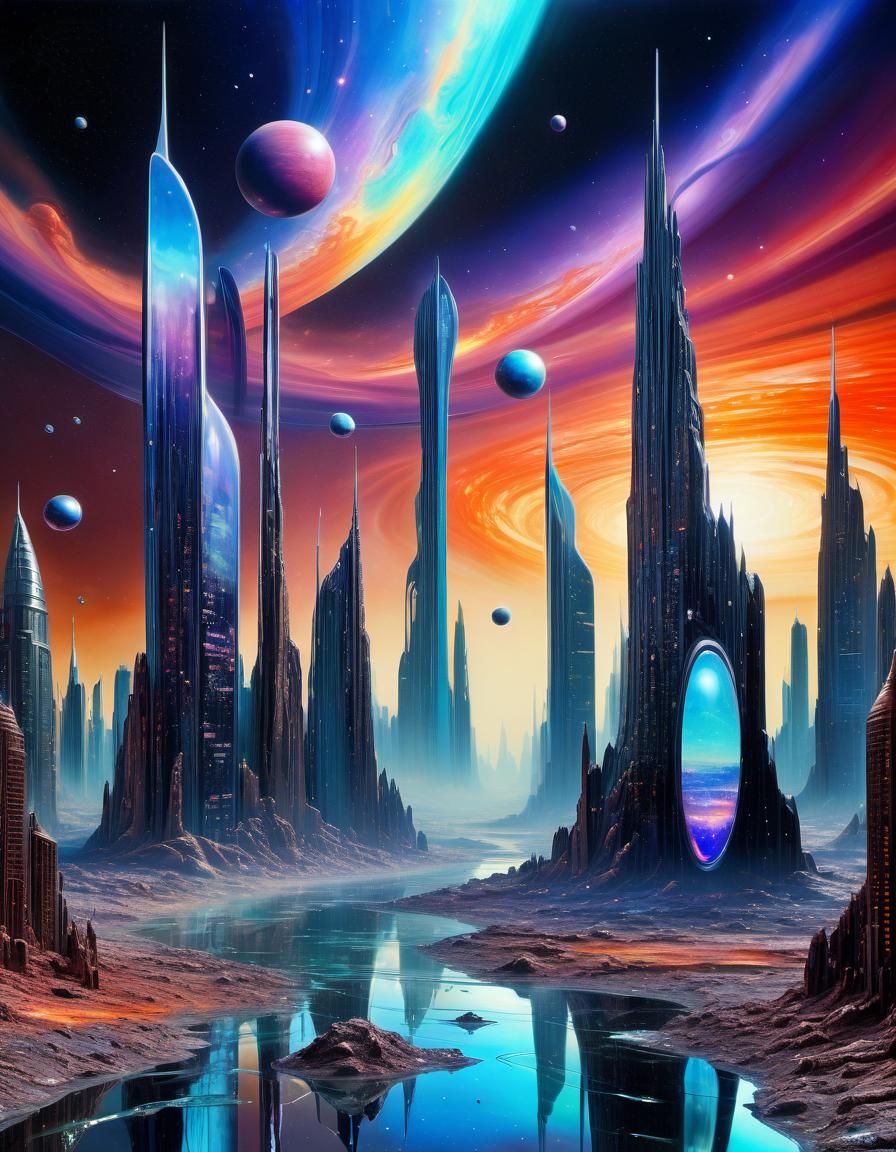 Futuristic Cityscape on Alien Planet: Mixed Media Art