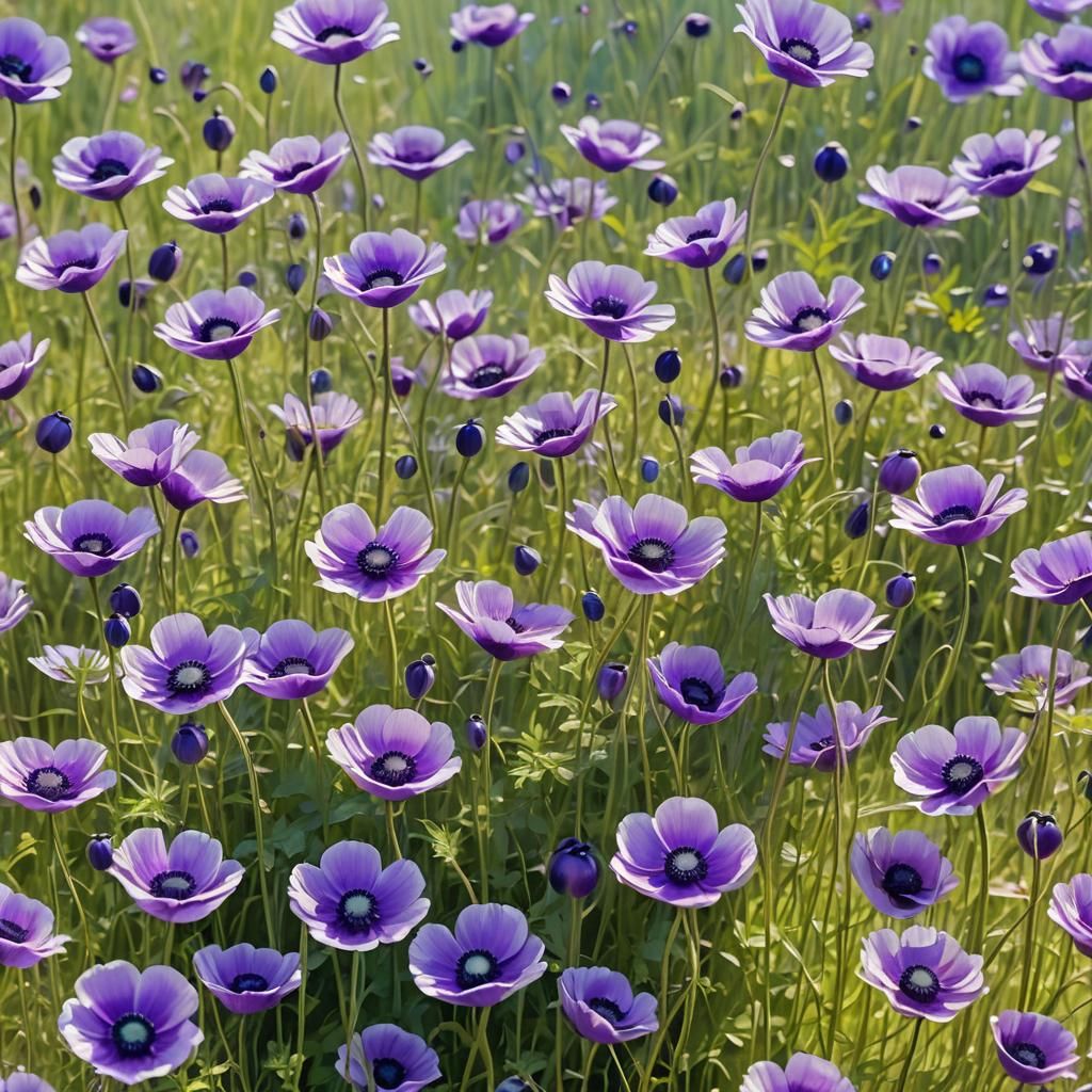 Purple Anemones Swaying: An Impressionist Landscape