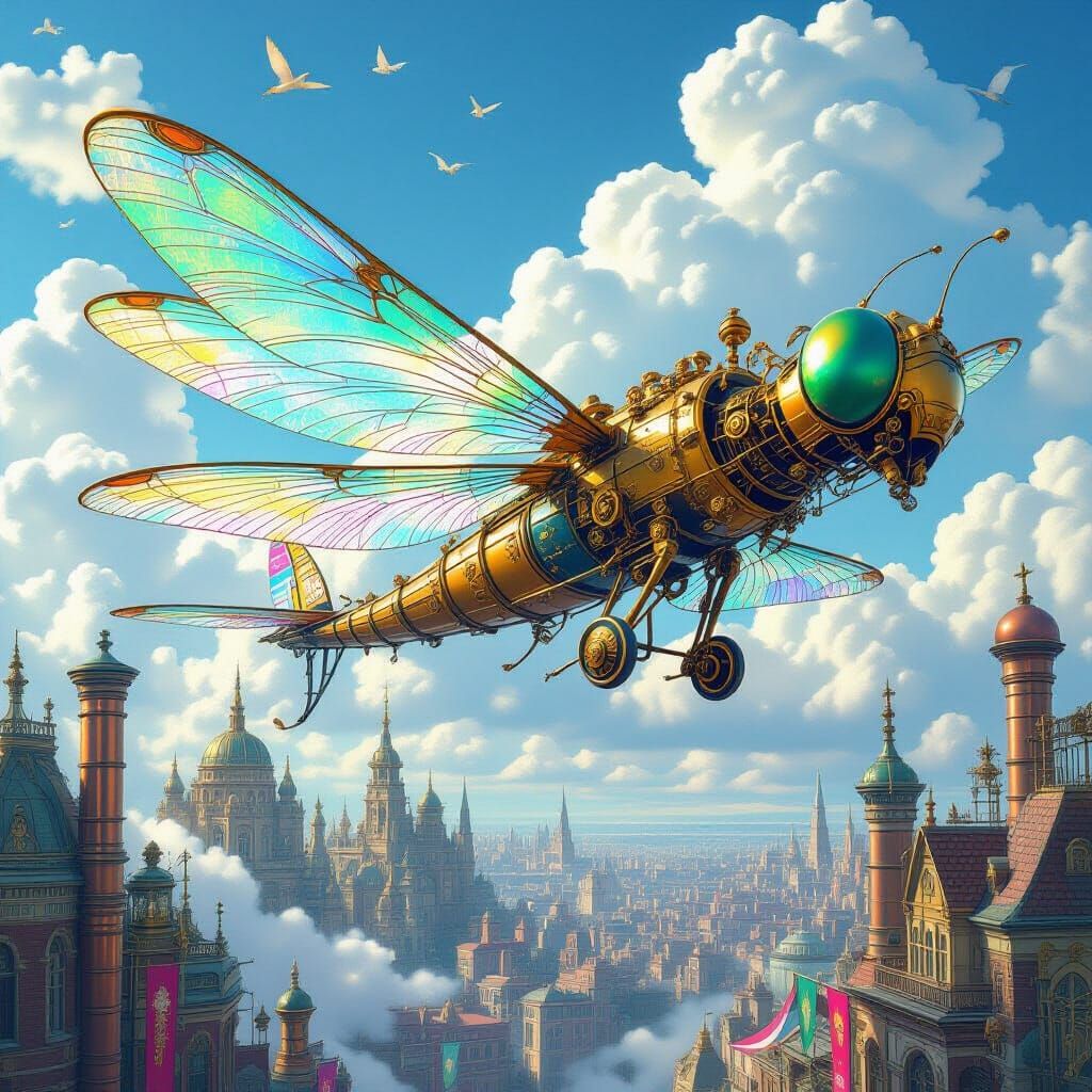 Mechanical Dragonfly Airship Soaring Over Victorian City