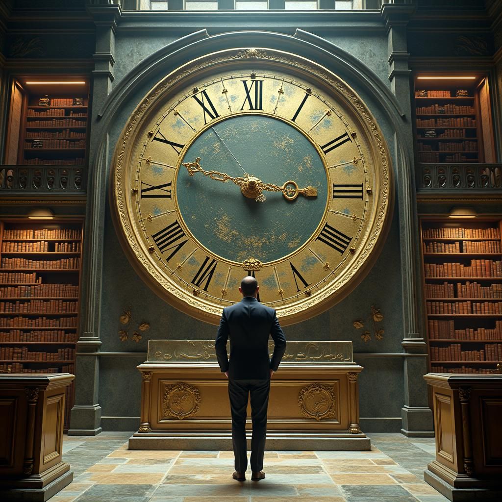 Clock Dominates Library of Marble and Gold