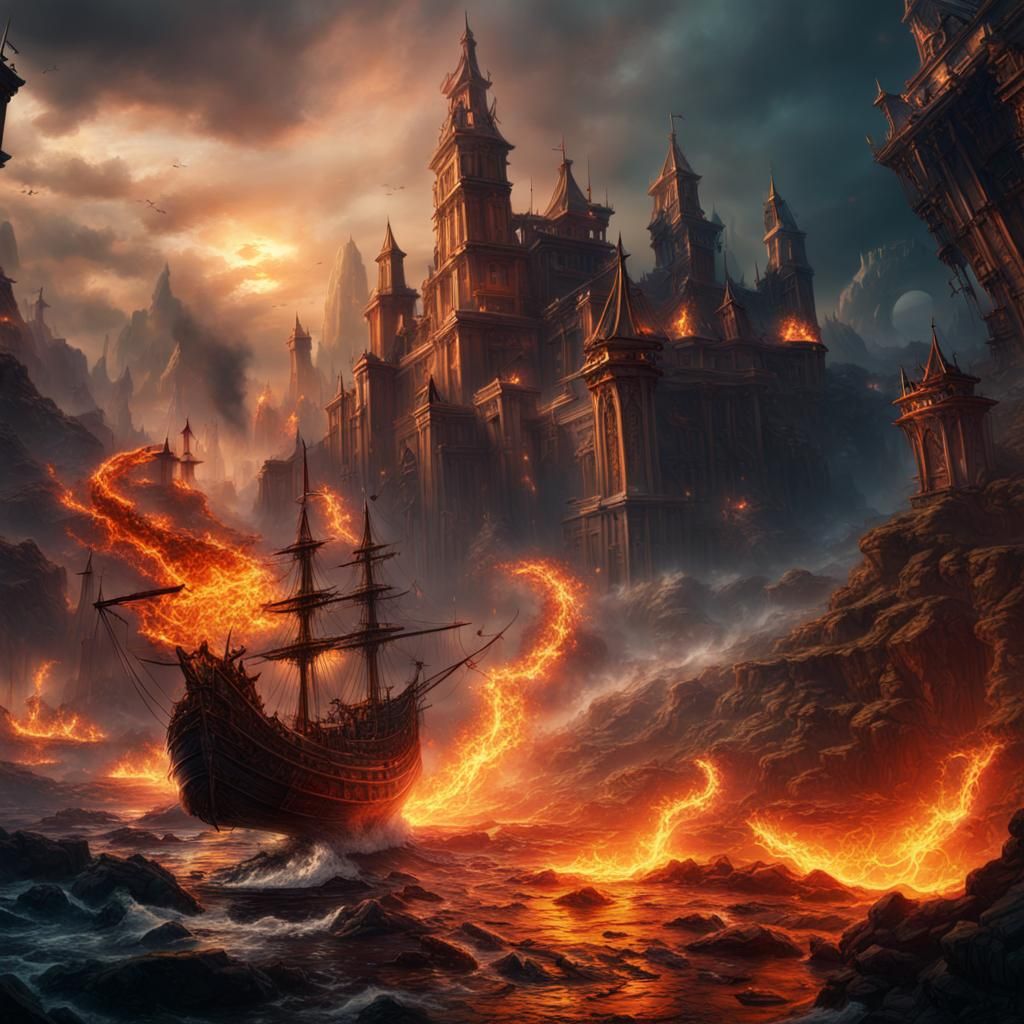 Epic Water and Flame War: Detailed Matte Painting