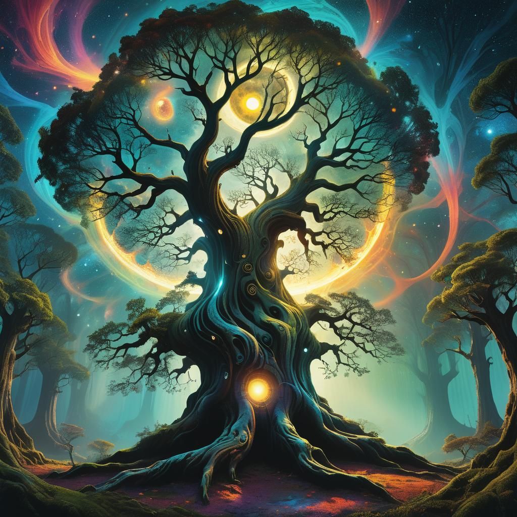 Mystical Forest with Sun and Moon: Cosmic Fantasy Art