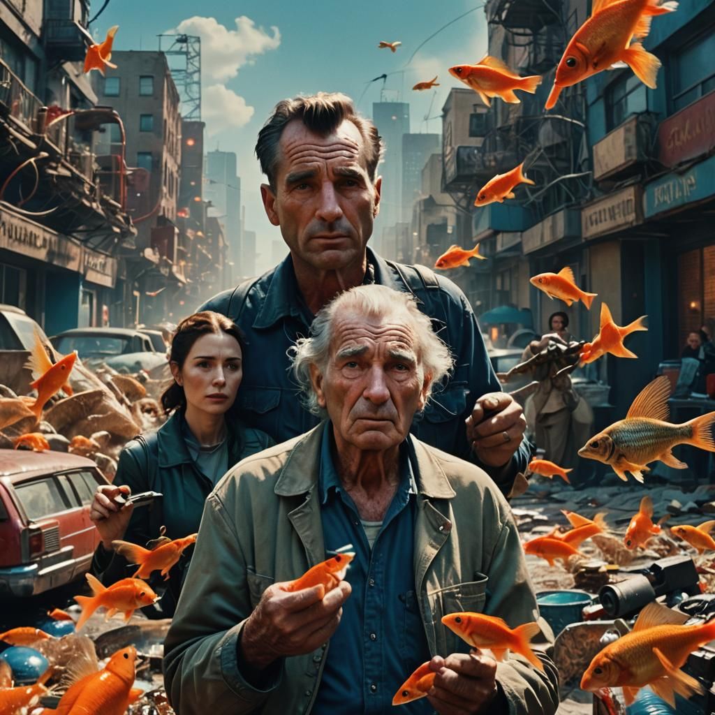 Elderly Man Swallows Emu in Futuristic City