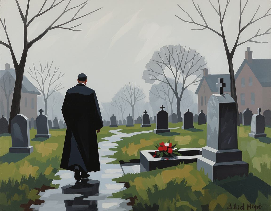 Impressionistic Priest in Cemetery Walks from Grave