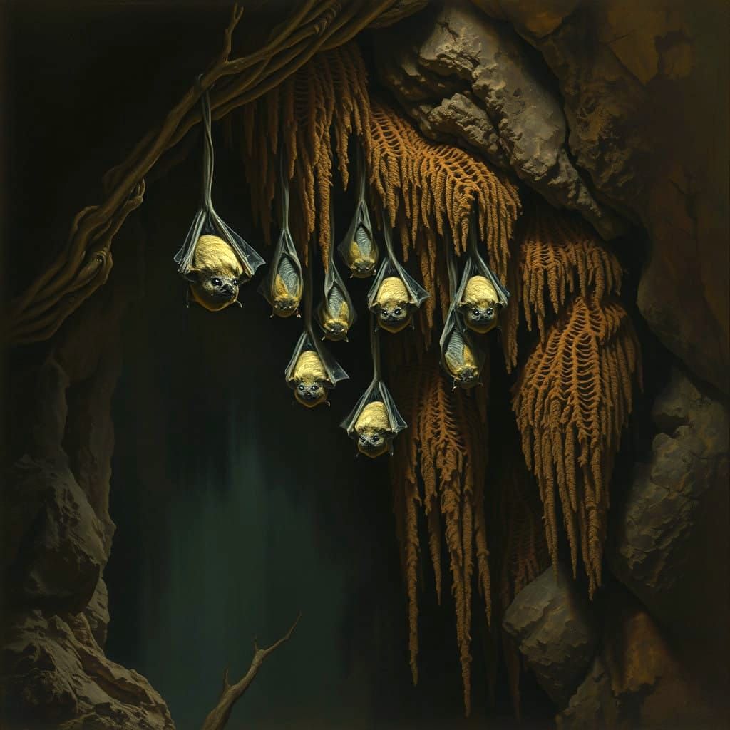 Bats Perched on Coral-Infested Cave Walls in a Dark, Ominous...