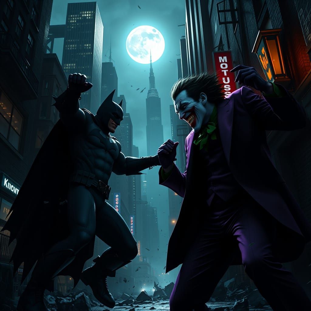Dark City Battle: Batman vs Joker in a Gritty Gotham Night