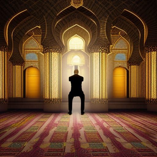Hyperrealistic Man Praying in Mosque at Night