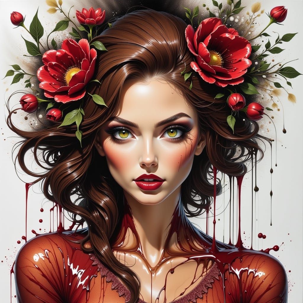 Fantasycore Woman in Red Clothes with Flowers