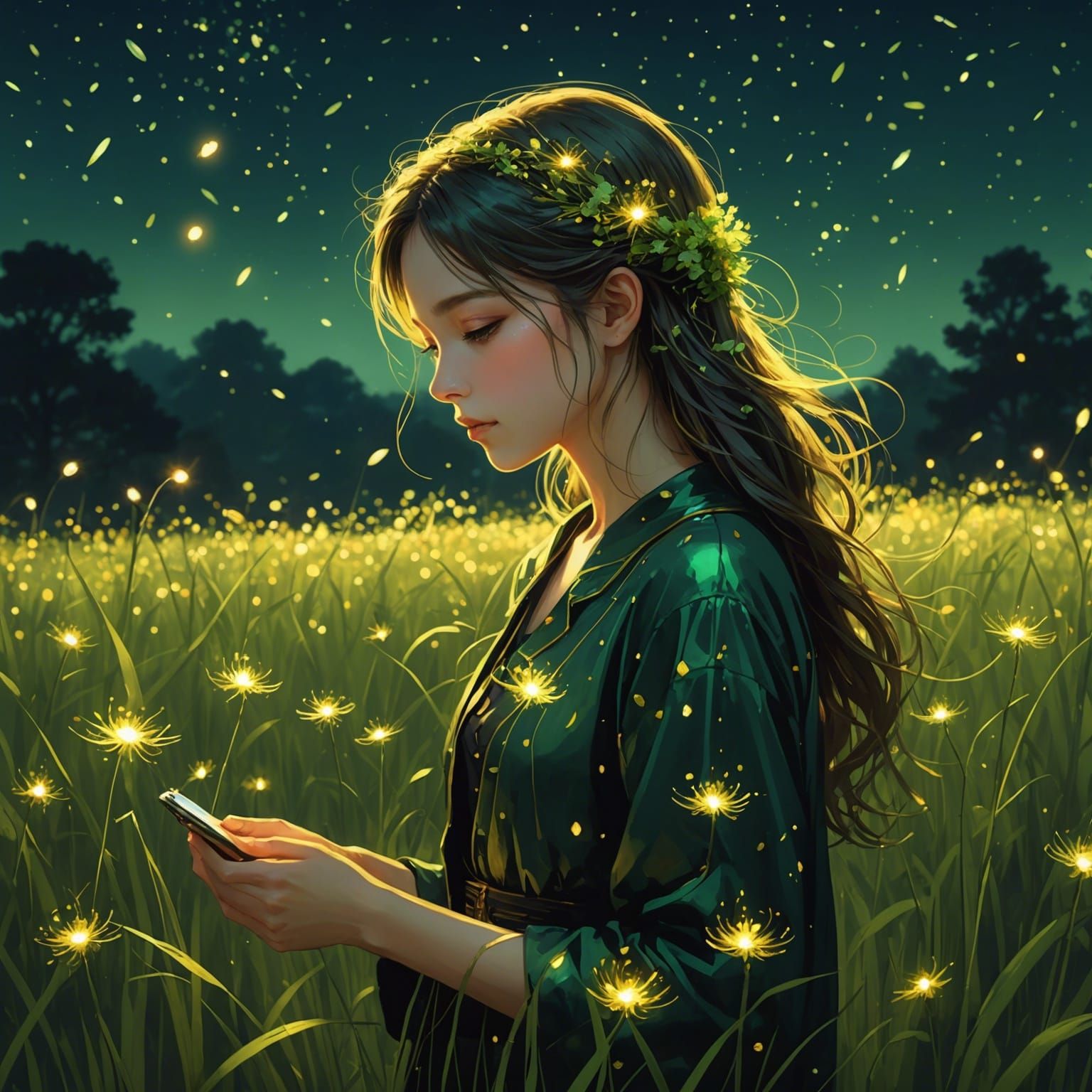 Glowing Flower in Firefly Field at Night