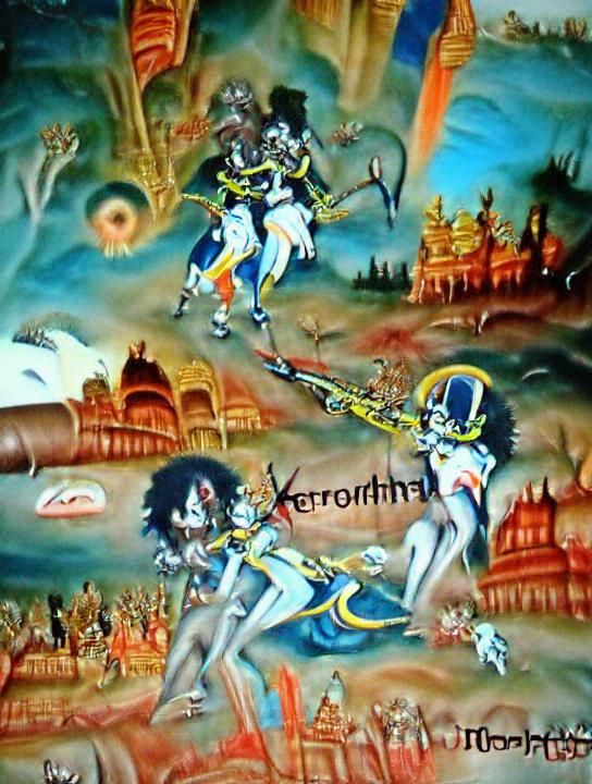 Krishna and Arjuna Archeofuturist Painting